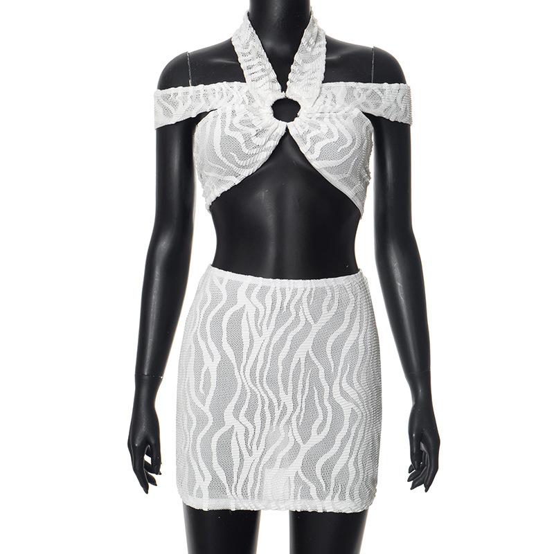 acelimosf™-Halter textured off shoulder knitted o ring mini skirt set