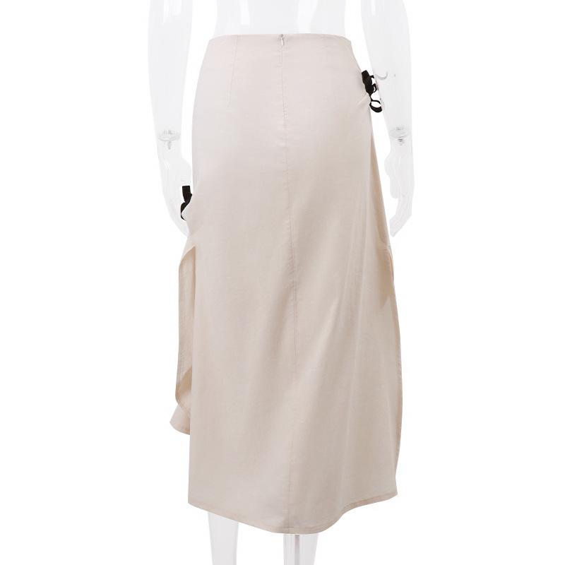 acelimosf™-Bowknot ruched zip-up slit irregular contrast midi skirt