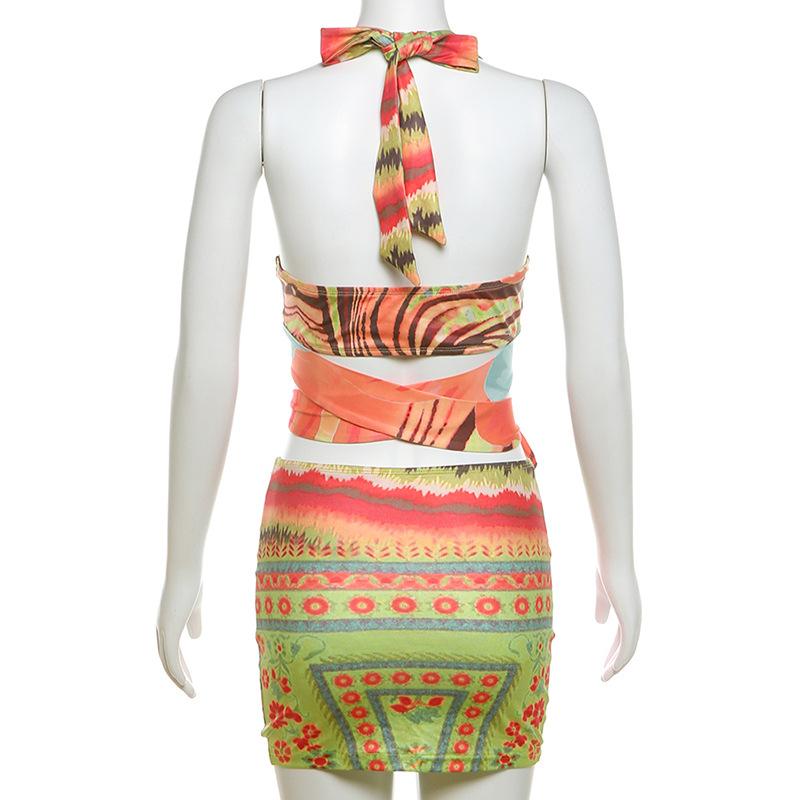 acelimosf™-Halter deep v neck print o ring mini skirt set