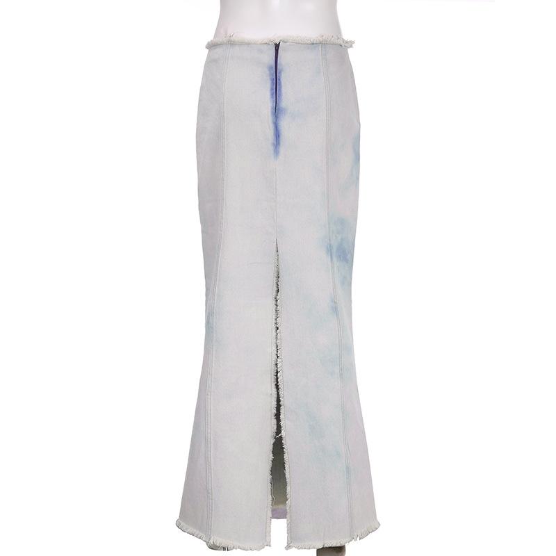 acelimosf™-Tie dye raw hem zip-up slit midi skirt y2k 90s Revival Techno Fashion