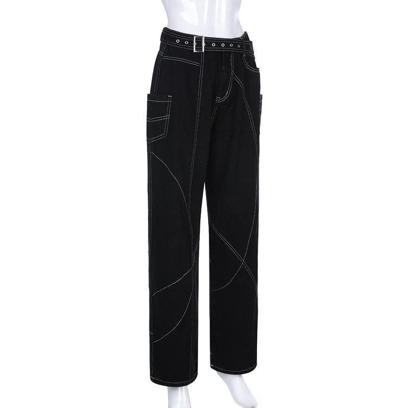 acelimosf™-Stitch belt irregular contrast low rise wide leg jeans y2k 90s Revival Techno Fashion