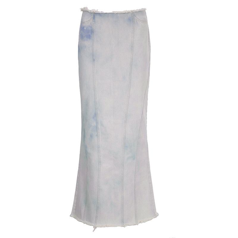 acelimosf™-Tie dye raw hem zip-up slit midi skirt y2k 90s Revival Techno Fashion