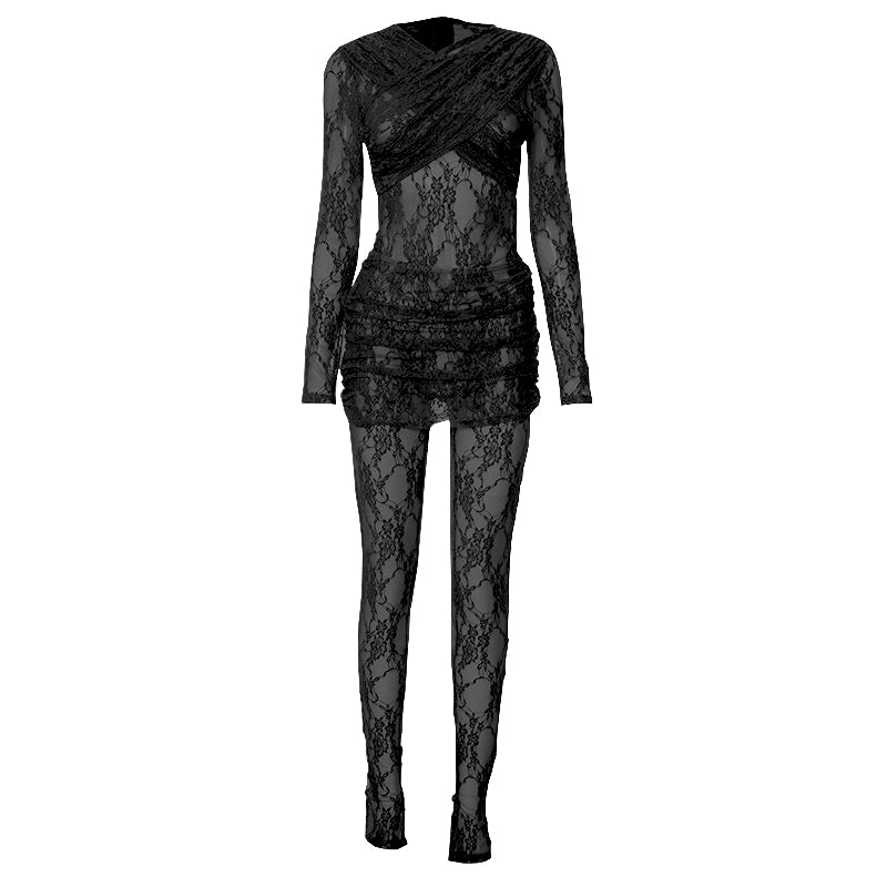 acelimosf™-Long sleeve ruched lace zip-up see through 2 piece jumpsuit