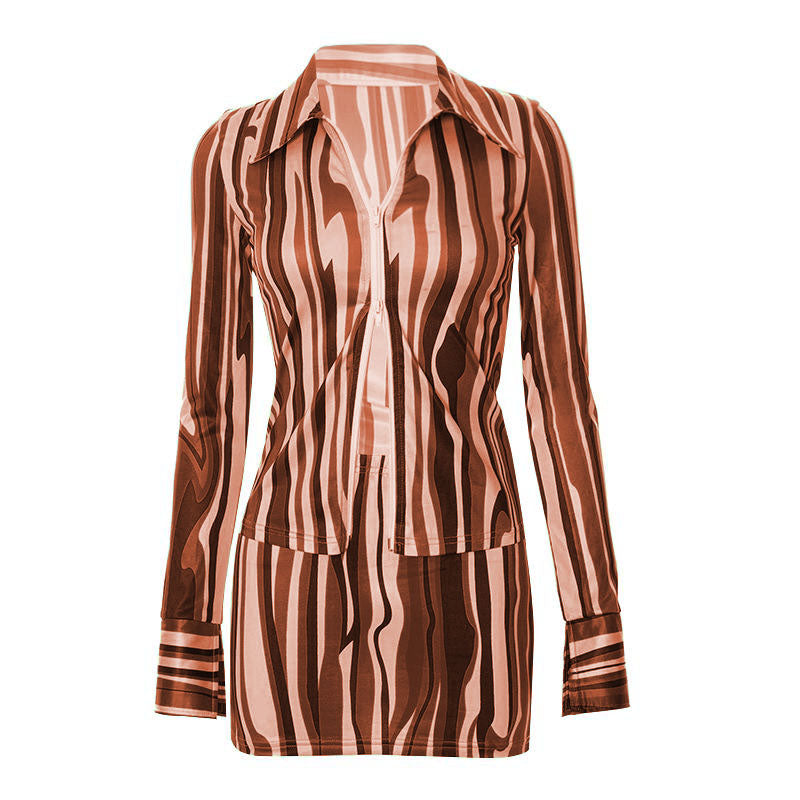 acelimosf™-Slit contrast long sleeve turnover collar zip-up skirt set cyberpunk Sci-Fi Fashion