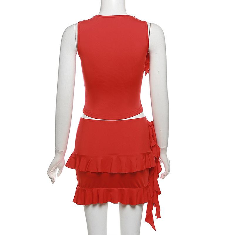 acelimosf™-Crewneck ruffle solid self tie mini skirt set