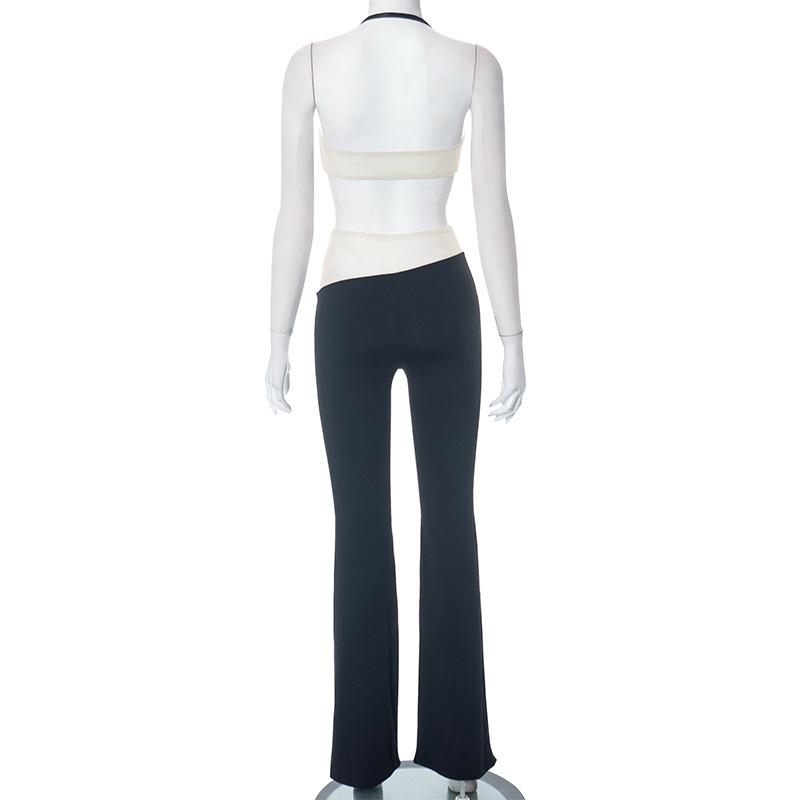 acelimosf™-Halter backless mesh patchwork contrast palm pattern pant set