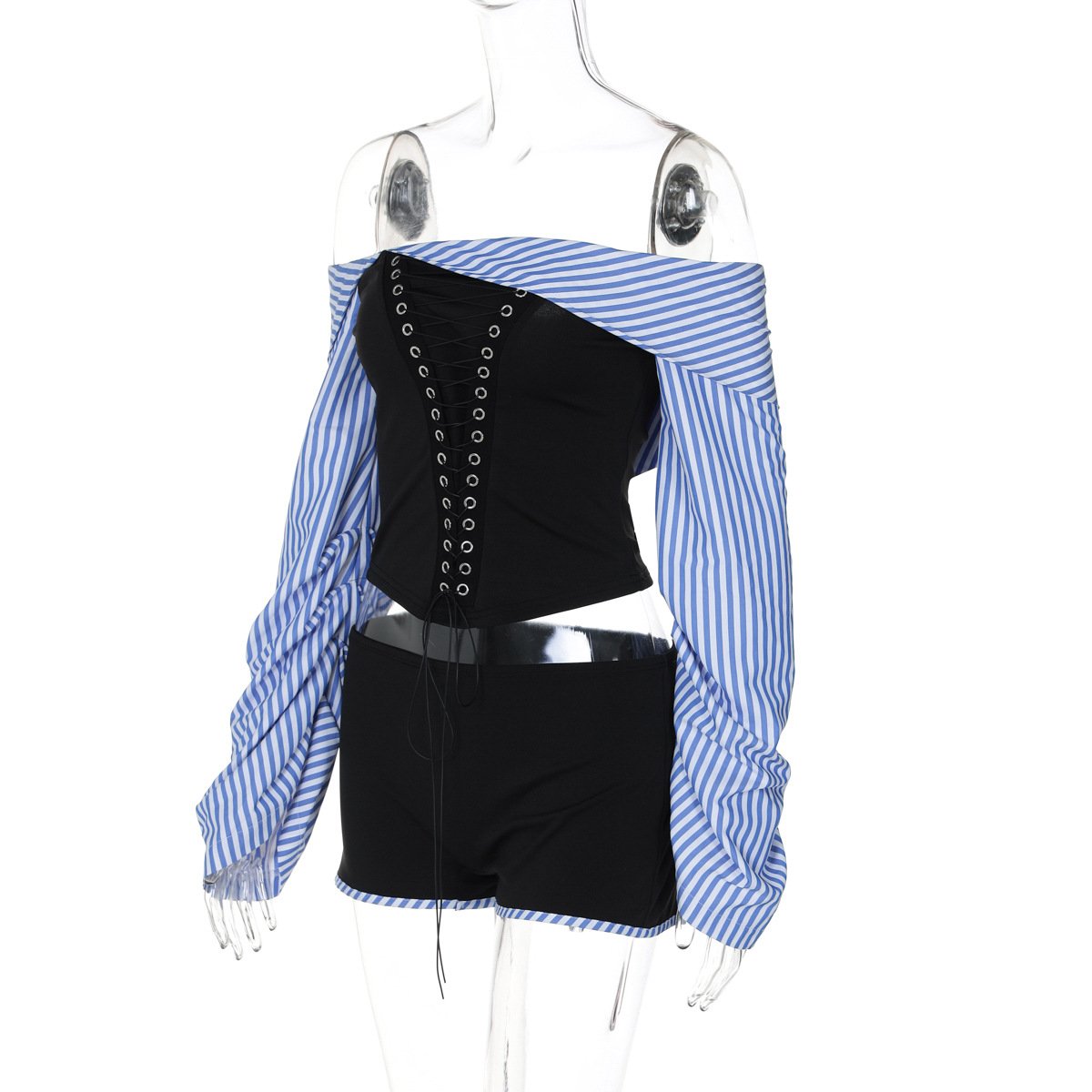 acelimosf™-Long sleeve off shoulder striped print pant set