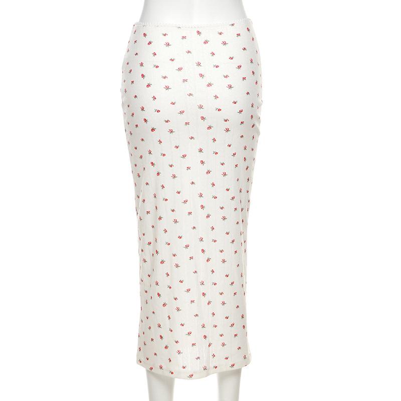 acelimosf™-Flower print u neck sleeveless low rise lace hem midi skirt set
