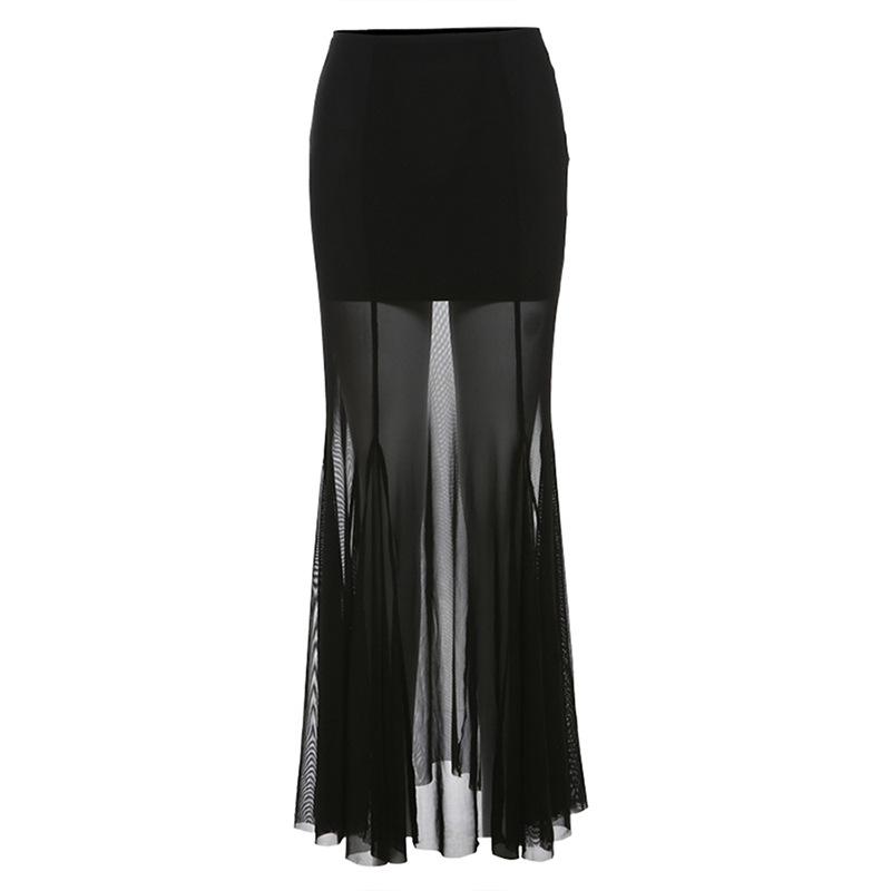acelimosf™-Mesh patchwork stitch solid maxi skirt