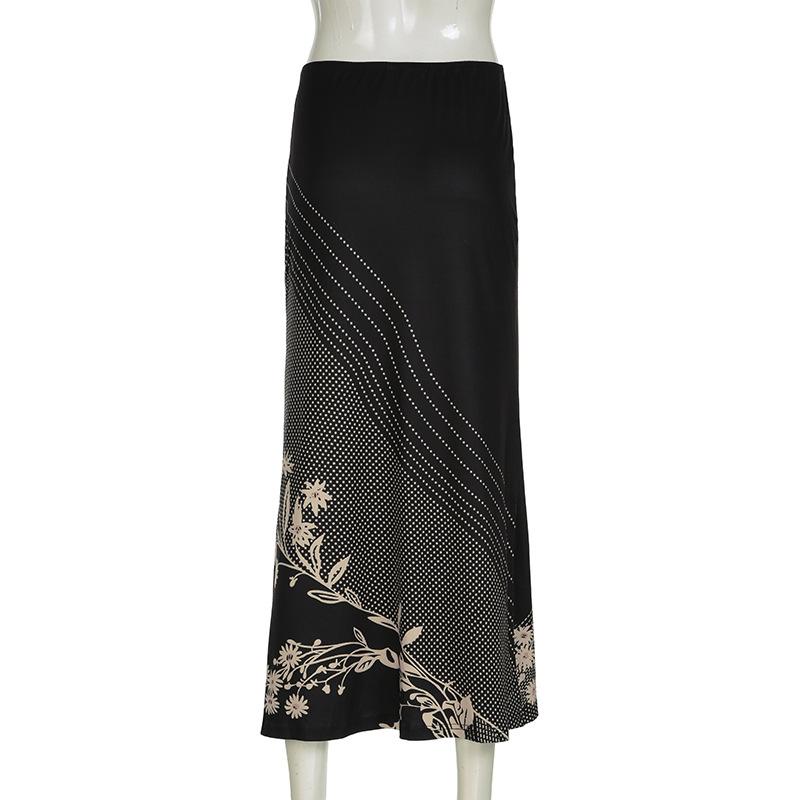 acelimosf™-Polka dot flower print contrast maxi skirt