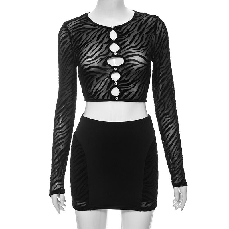acelimosf™-Long sleeve hollow out zebra print see through mini skirt set