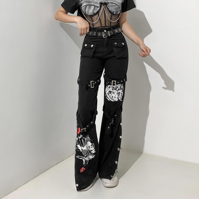 acelimosf™-Button contrast abstract pattern cargo pocket high rise jeans goth Alternative Darkwave Fashion goth Emo Darkwave Fashion