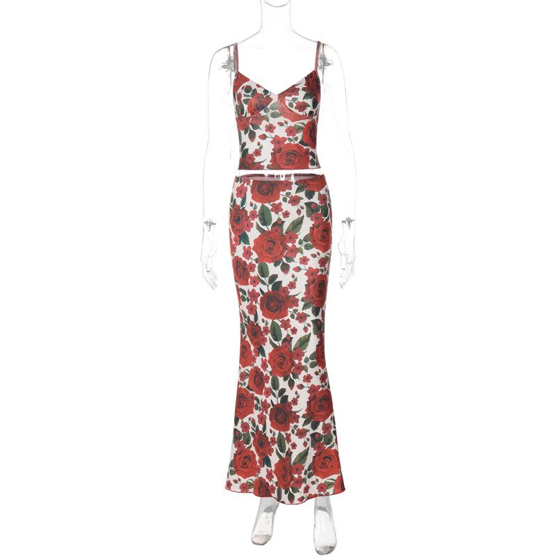 acelimosf™-V neck backless flower print cami maxi skirt set