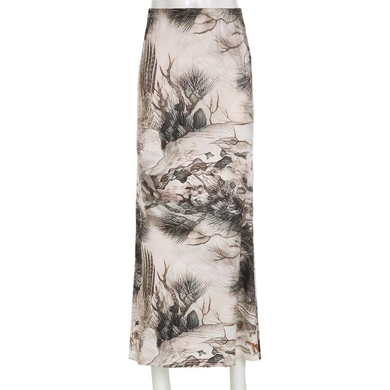 acelimosf™-Tree print contrast low rise maxi skirt grunge 90s Streetwear Disheveled Chic Fashion grunge 90s Streetwear Distressed Fashion