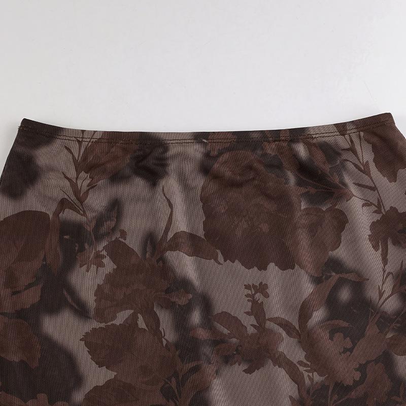 acelimosf™-Mesh flower pattern low rise contrast ruffle midi skirt grunge 90s Streetwear Disheveled Chic Fashion grunge 90s Streetwear Distressed Fashion