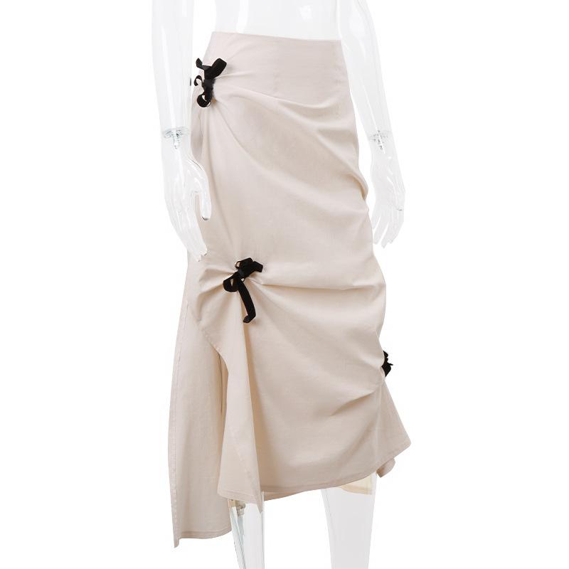 acelimosf™-Bowknot ruched zip-up slit irregular contrast midi skirt