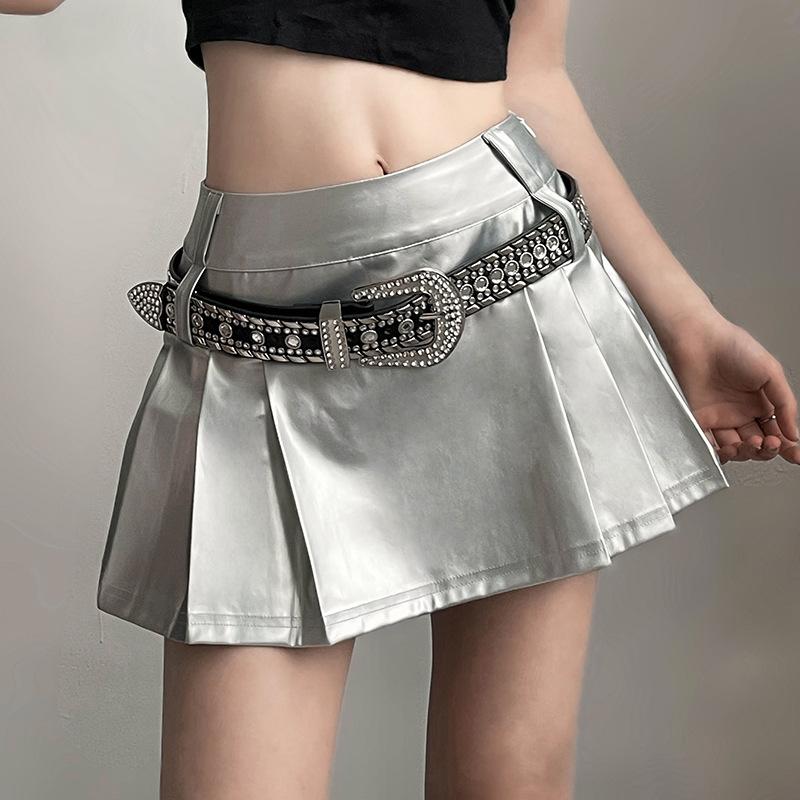 acelimosf™-Zip-up metallic pleated medium rise solid mini skirt y2k 90s Revival Techno Fashion