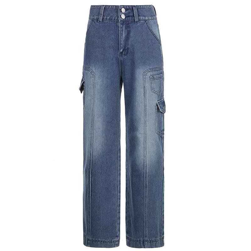 acelimosf™-High rise straight leg button gradient pocket jeans y2k 90s Revival Techno Fashion