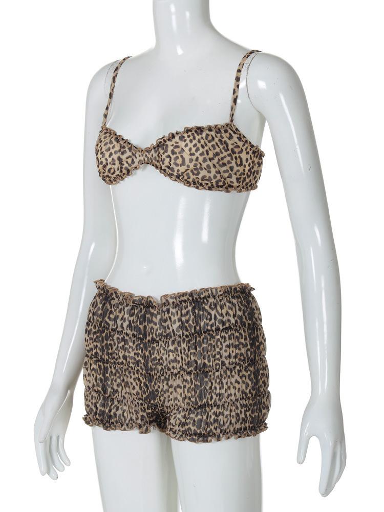 acelimosf™-Leopard print ruffle ruched crop chiffon cami pant set