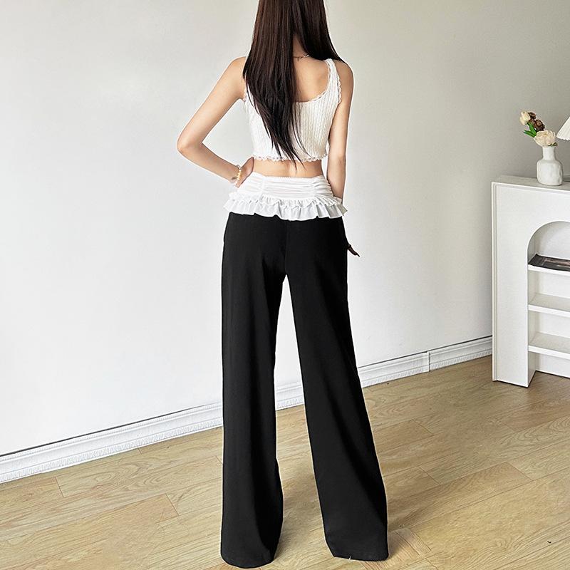 acelimosf™-Mesh patchwork lace hem ruched low rise pant