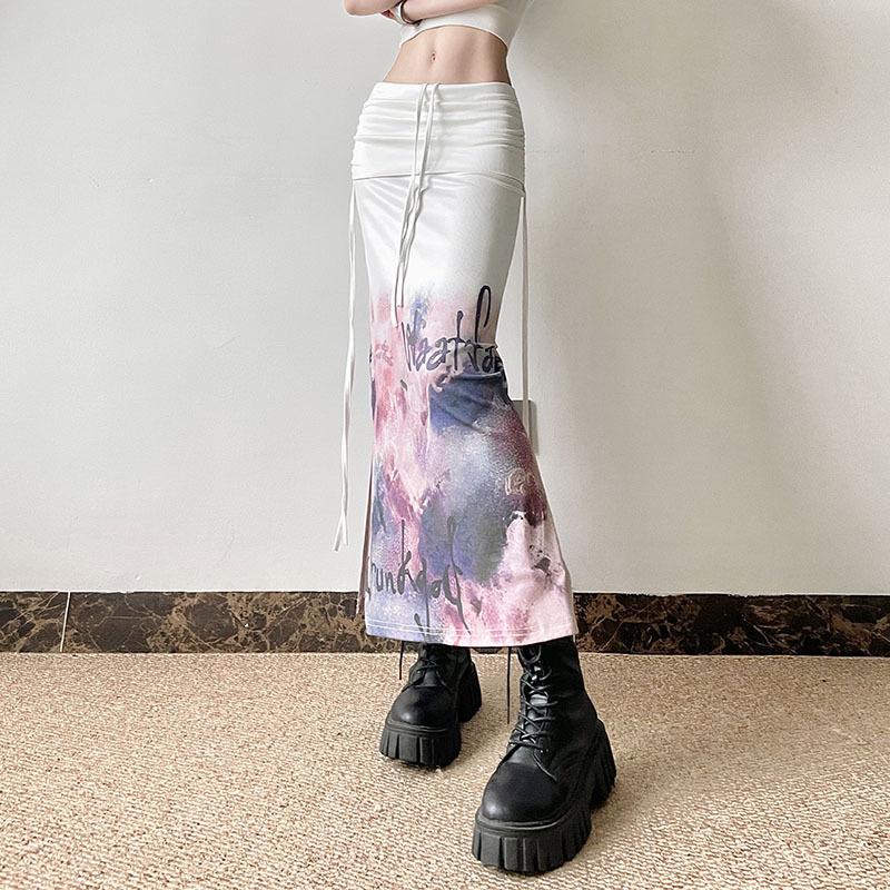 acelimosf™-Drawstring abstract print ruched slit maxi skirt