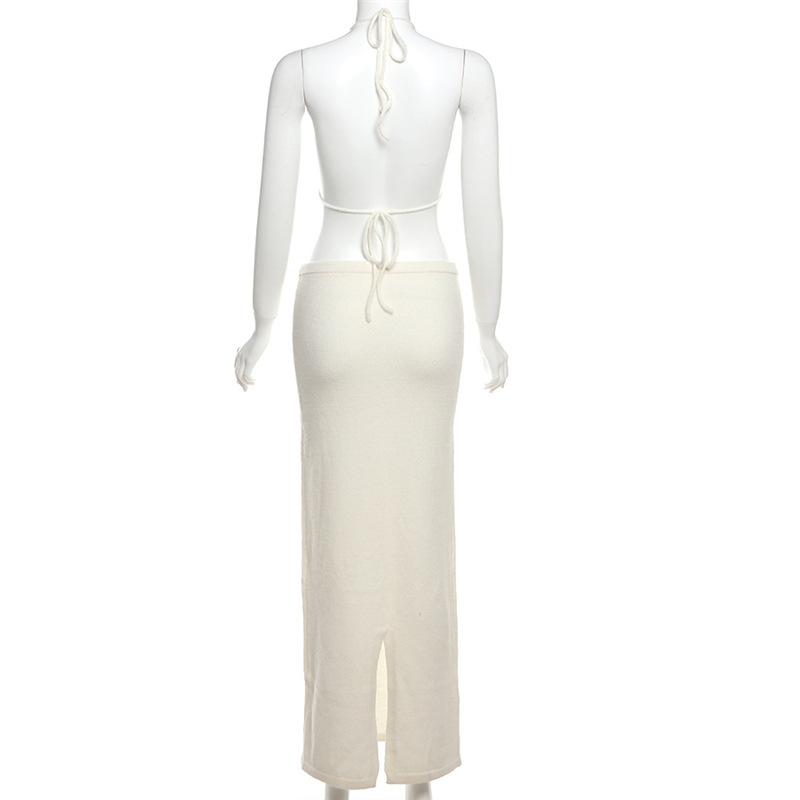acelimosf™-Halter self tie flower applique slit backless mini skirt set