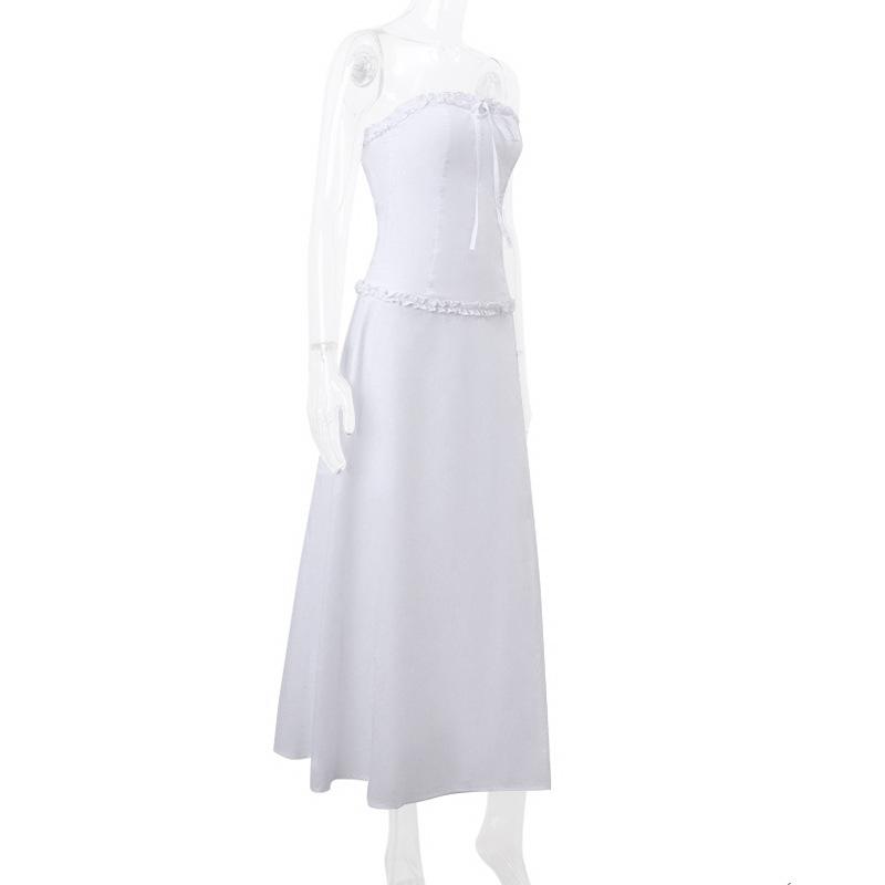 acelimosf™-Ruffle bowknot smocked zip-up backless solid tube midi skirt set