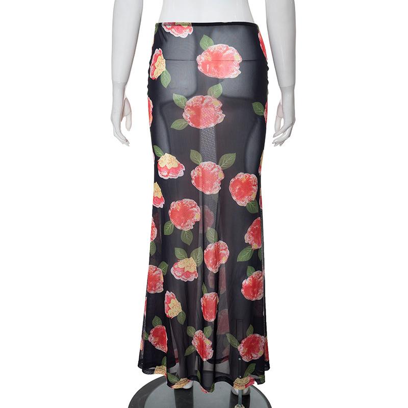 acelimosf™-Sheer mesh flower print contrast maxi skirt