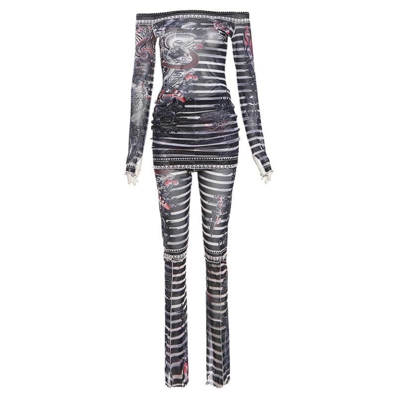 acelimosf™-Long sleeve off shoulder sheer mesh print pant set