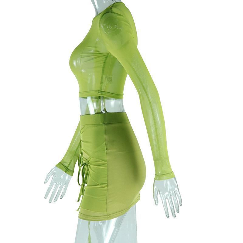 acelimosf™-Long sleeve mesh see through knotted mini skirt set