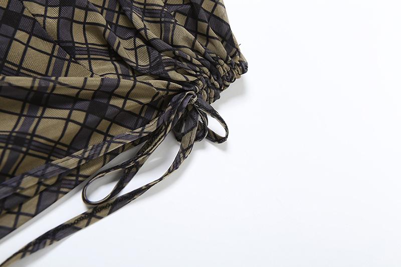 acelimosf™-Plaid ruched drawstring mesh irregular midi skirt