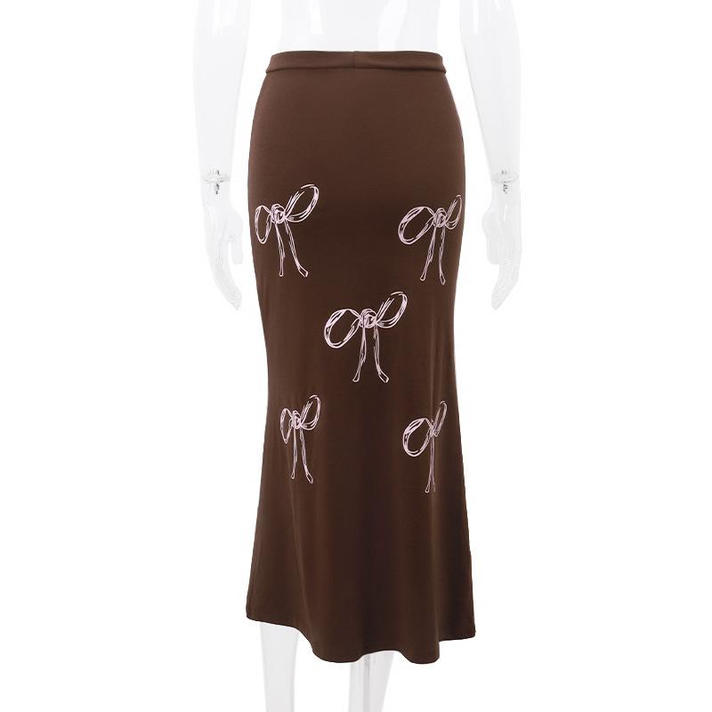 acelimosf™-Drawstring ruched bowknot print contrast self tie midi skirt