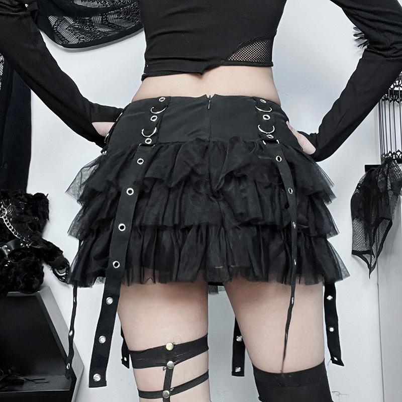 acelimosf™-Buckle mesh zip-up ruched A line mini skirt goth Alternative Darkwave Fashion goth Emo Darkwave Fashion