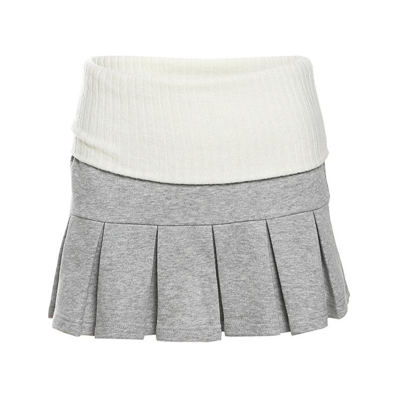 acelimosf™-Contrast knitted pleated patchwork low rise mini skirt