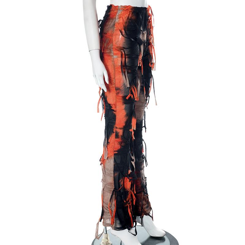 acelimosf™-Tie dye textured tassels contrast high rise pant y2k 90s Revival Techno Fashion