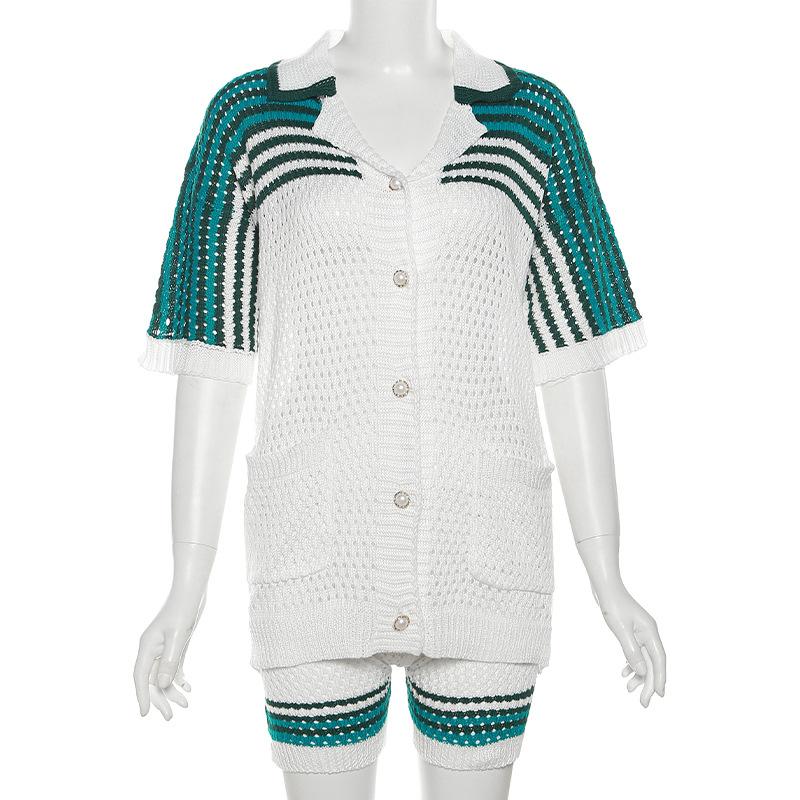 acelimosf™-Turnover collar short sleeve button hollow out pant set
