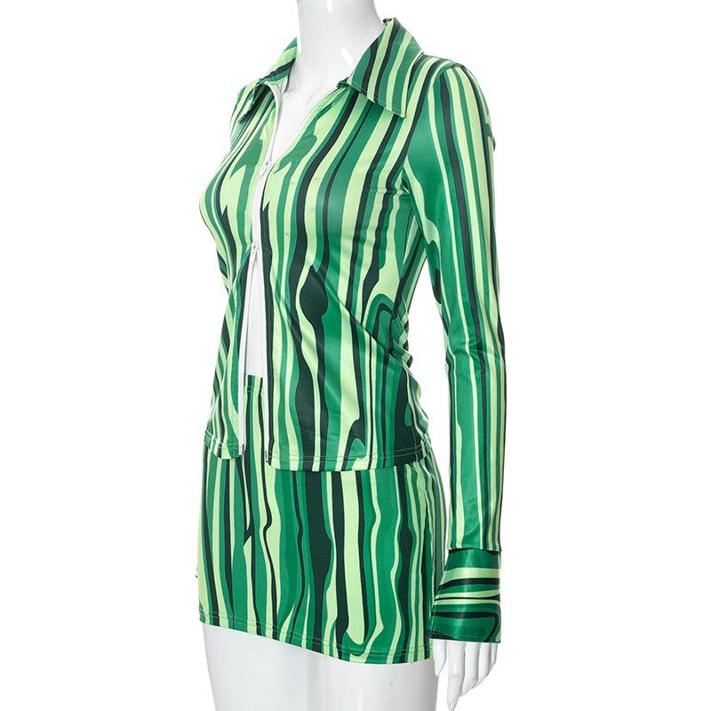 acelimosf™-Slit contrast long sleeve turnover collar zip-up skirt set cyberpunk Sci-Fi Fashion