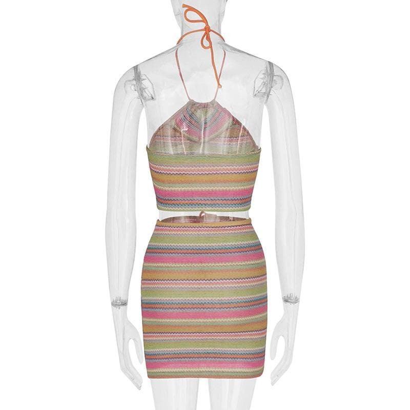 acelimosf™-Knitted contrast striped drawstring halter backless skirt set