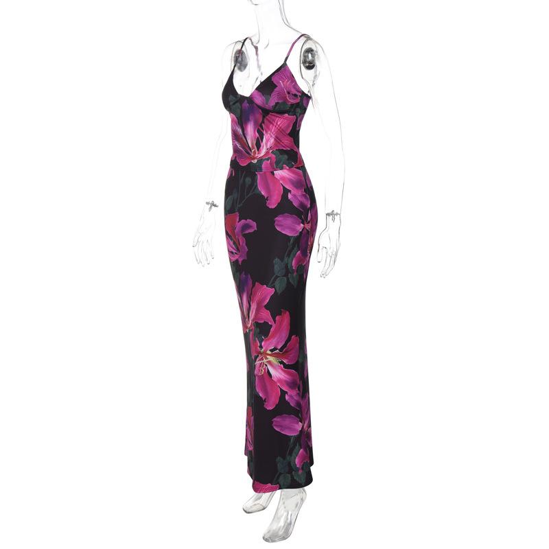 acelimosf™-Flower print v neck contrast cami maxi skirt set