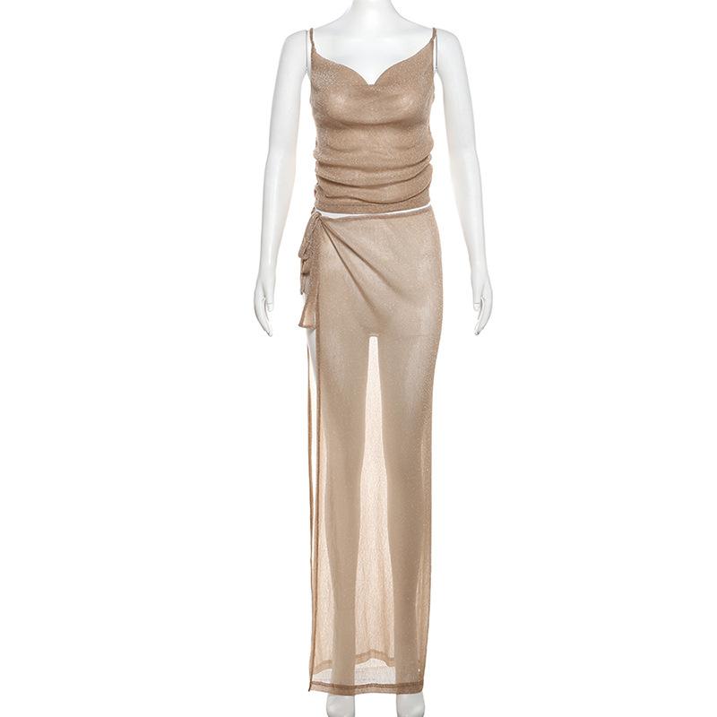 acelimosf™-Cowl neck metallic high slit cami maxi skirt set