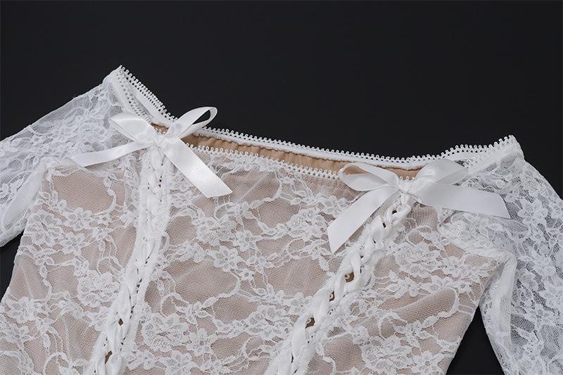 acelimosf™-Long sleeve off shoulder bowknot ribbon lace up ruched mini skirt set