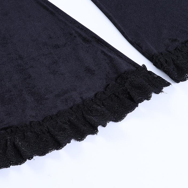 acelimosf™-Lace hem velvet solid flared pant y2k 90s Revival Techno Fashion