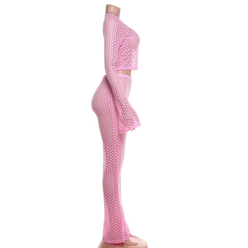 acelimosf™-Long flared sleeve hollow out see through crop pant set