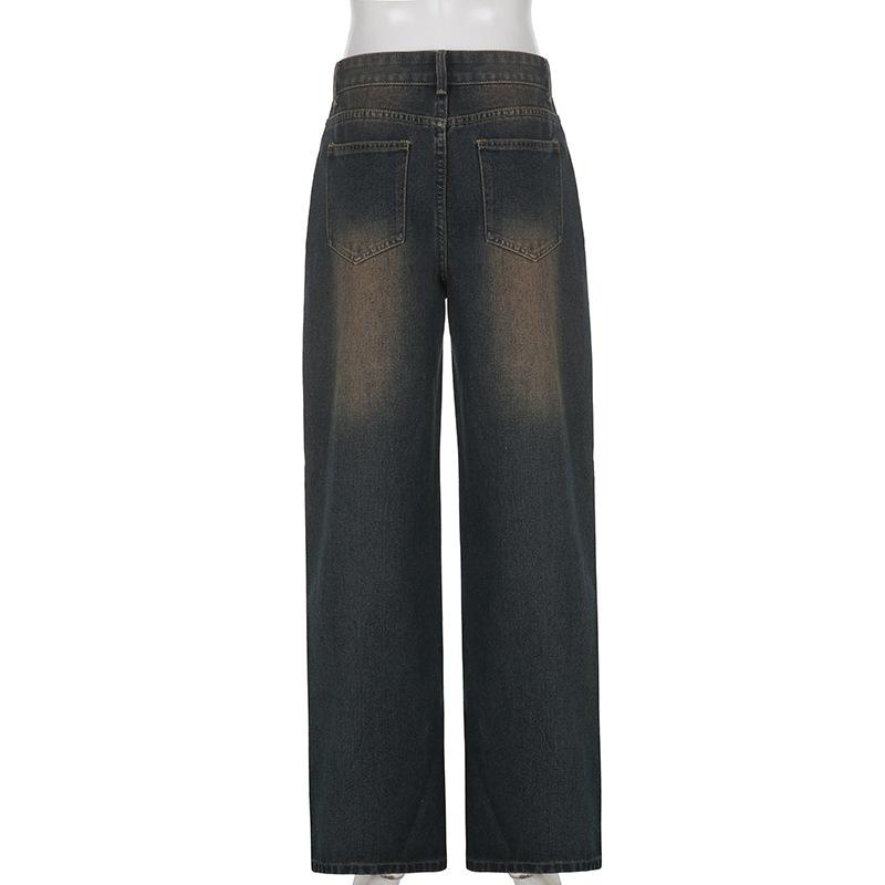 acelimosf™-Gradient button straight leg high rise jeans grunge 90s Streetwear Disheveled Chic Fashion grunge 90s Streetwear Distressed Fashion