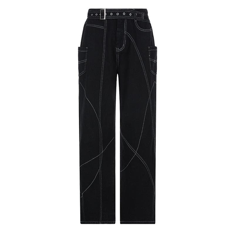 acelimosf™-Stitch belt irregular contrast low rise wide leg jeans y2k 90s Revival Techno Fashion