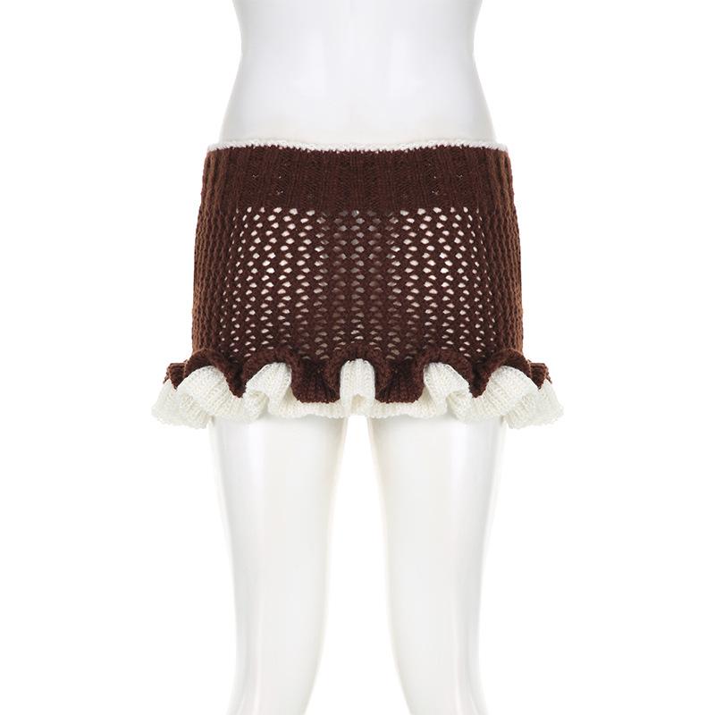 acelimosf™-Ruffle contrast crochet low rise mini skirt