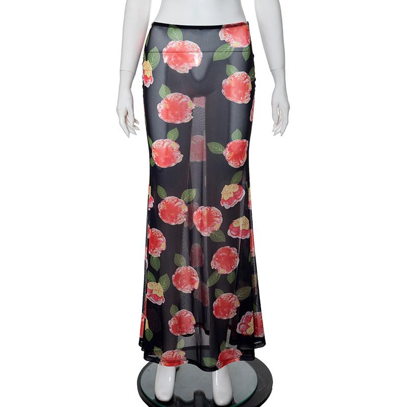 acelimosf™-Sheer mesh flower print contrast maxi skirt