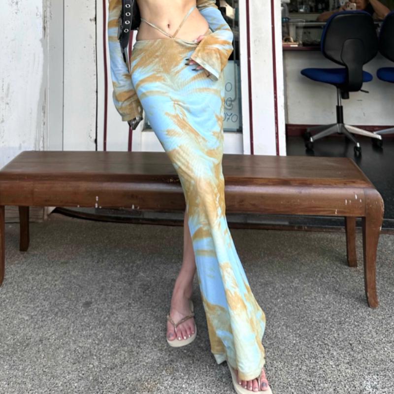 acelimosf™-Long flared sleeve mesh tie dye crop maxi skirt set
