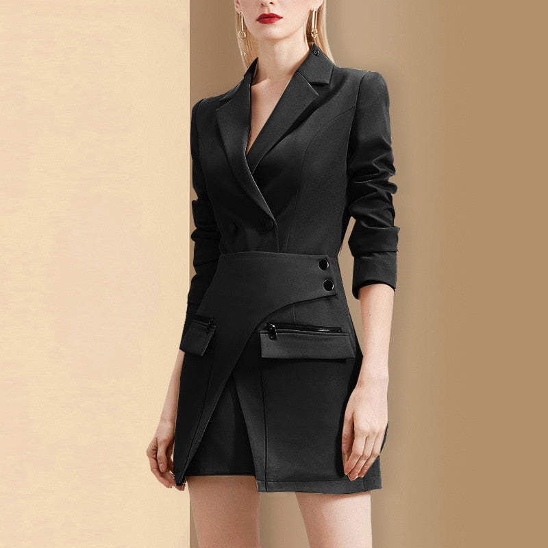 acelimosf™-Casual Khaki Two Piece Set Notched Long Sleeve Blazer High Waist Irregular Mini Skirt