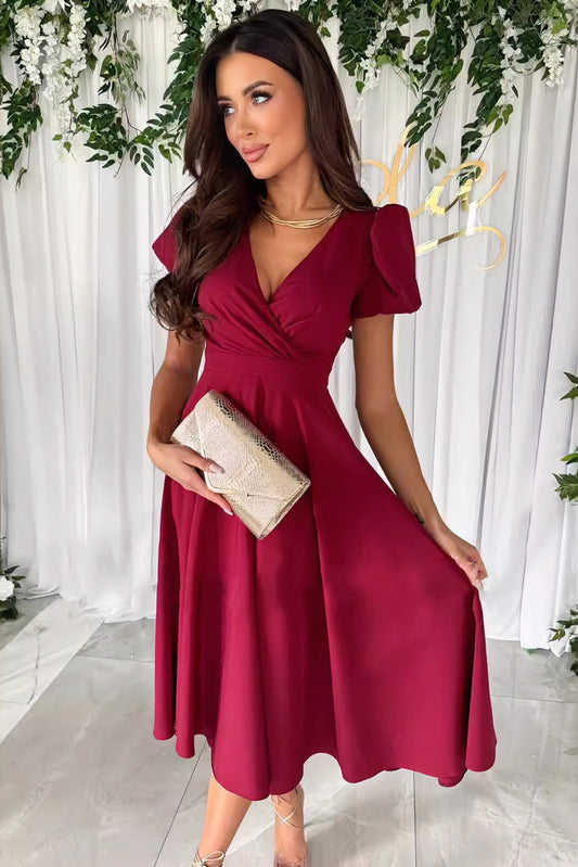 acelimosf™-Sexy V-neck solid color short-sleeved midi dress